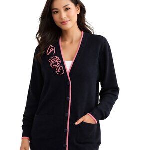 Vintage Schrader Navy Long Line V Neck Cardigan Sweater 3D Flower Unique Size M